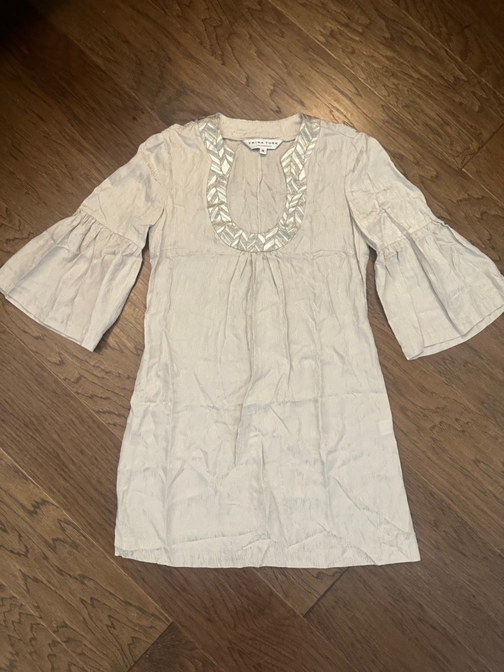 Trina Turk Size 4 Silk Metallic Shimmer embroidered Bell Sleeve Tunic Dress - Picture 2 of 8
